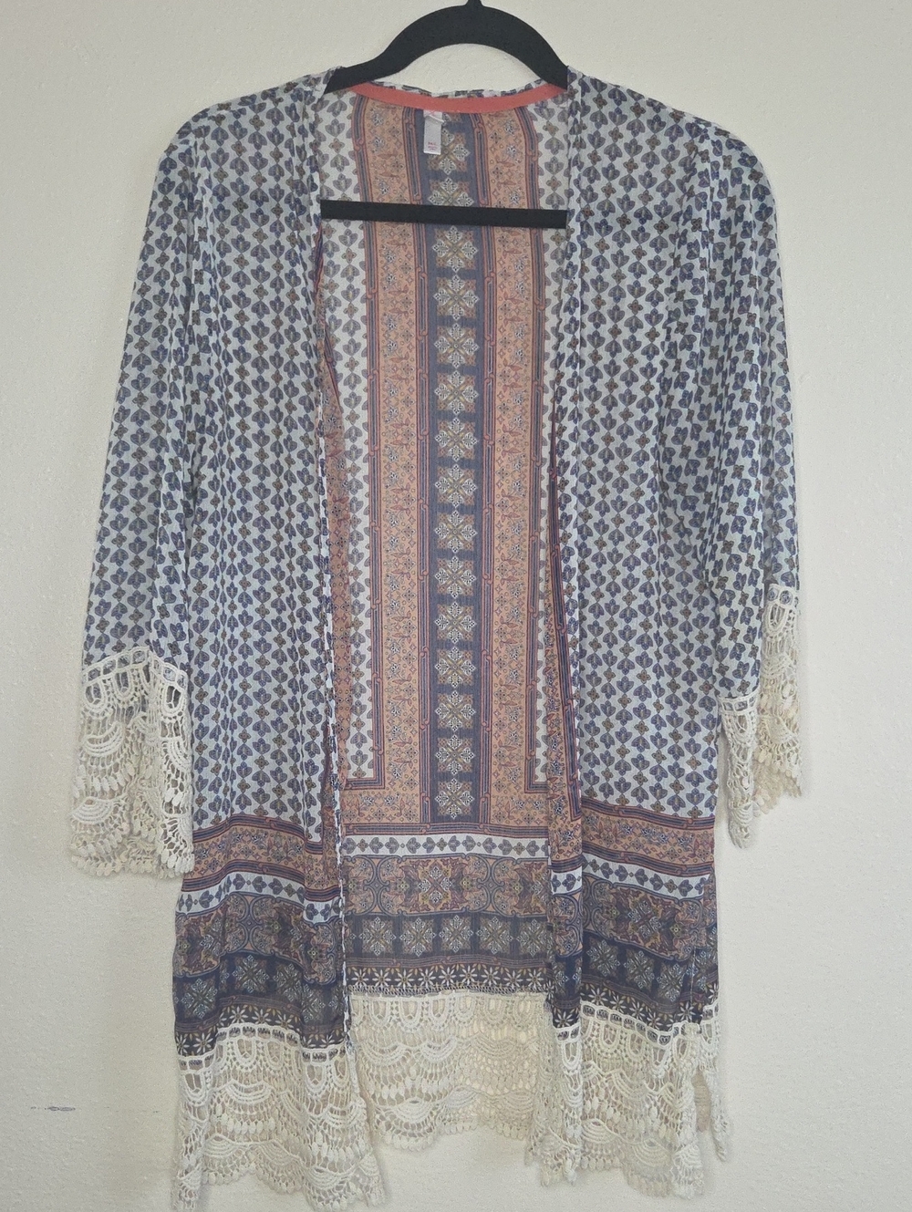 Xhilaration Navy & Cream Boho Open-Front Kimono